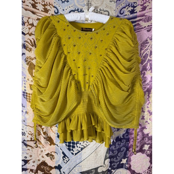 Shooters Tops - Chartreuse Gold Unique Beaded Whimsy Fairy Bohemian Chic Women's Top Size M